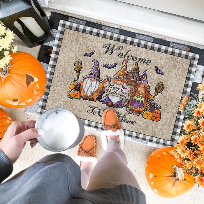 Welcome To Our Home Doormat Cute Gnome Printed With Pumpkin Lantern Broom And Bat Plaid Design Happy Halloween Doormat