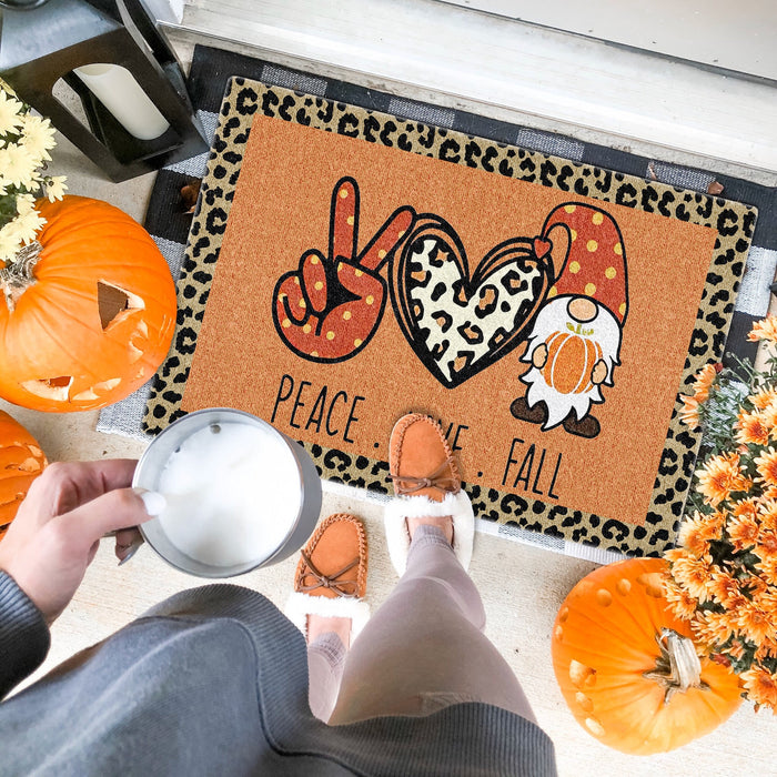 Welcome Doormat For Fall Lovers Peace Love Fall Polka Dot Hand Sign Leopard Heart Cute Gnome With Pumpkin Printed