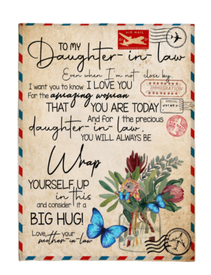 Personalized Blanket To My Daughter-in-law From Mom Big Hug Flower & Butterfly Printed Airmail Style Custom Name