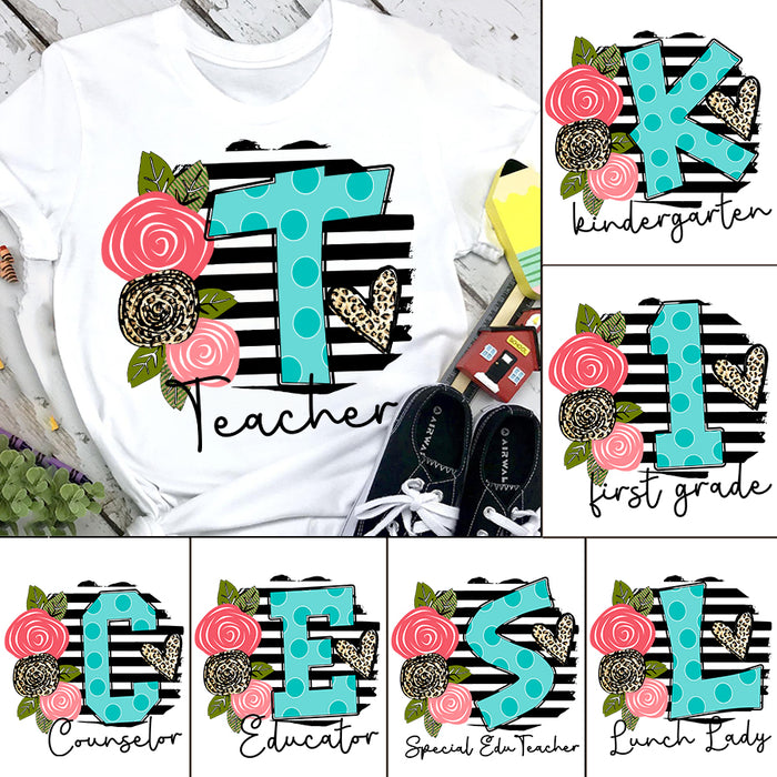 Personalized T-Shirt For Teacher Stripe Floral Design Leopard Heart Custom Title & Initial Back To School Outfit