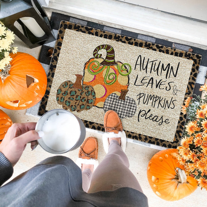 Welcome Doormat Autumn Leaves & Pumpkin Please Cute Pumpkin Printed Leopard Plaid Polka Dot Design Fall Doormat