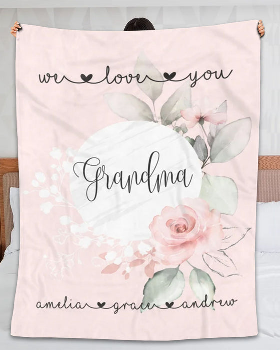 Personalized Blanket For Grandma We Love You Flower & Moon Printed Custom Grandkids Name Pink Fleece Blanket