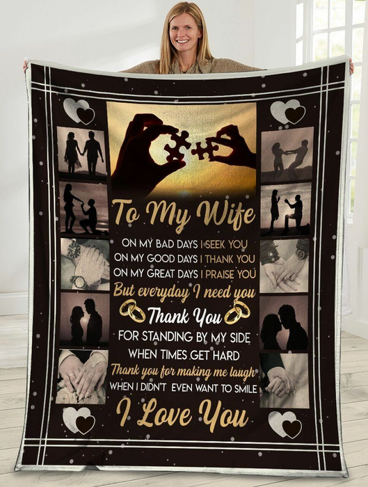 Personalized Puzzle Blanket To My Wife Photo Couple On The Sunset Beach Custom Name Fleece Blanket For Valentines