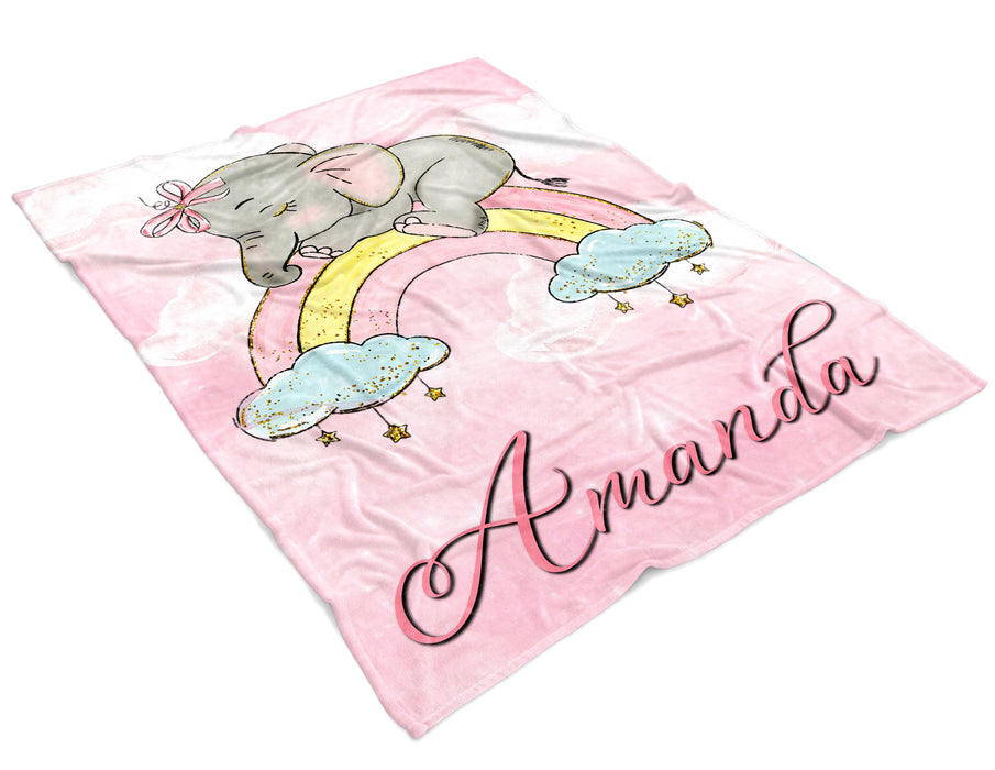 Personalized Baby Blanket For Daughter Cute Elephant Sleeping On The Rainbow Custom Name Baby Reveal Pink Blanket
