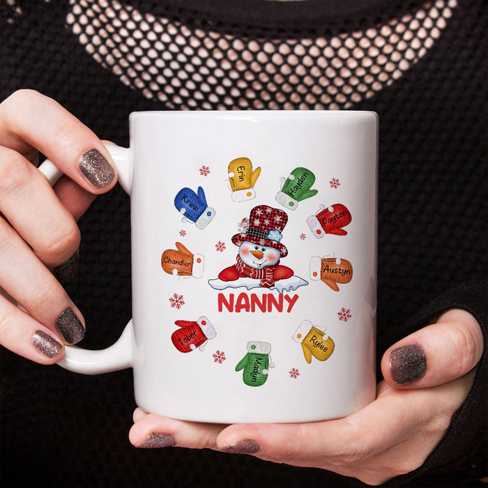 Personalized Coffee Mug Gifts For Grandma Snowman Xmas Nanny Colorful Gloves Custom Grandkids Name Christmas White Cup