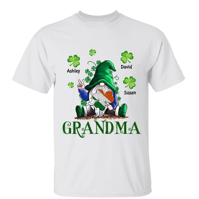 Personalized T-Shirt For Grandma Cute Gnome With Shamrocks Printed Custom Grandkids Name St Patrick'S Day Shirt