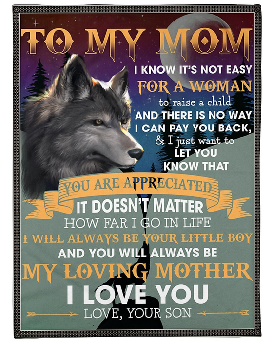 Personalized Fleece Blanket To My Mom From Son Wolf & Moon Night Design Print Customized Name Throw Blankets