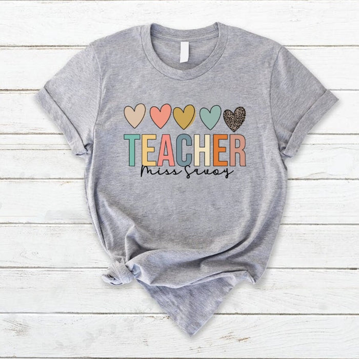 Personalized T-Shirt For Teacher Appreciation Leopard Colorful Hearts Custom Name Shirt Gifts For Back To School