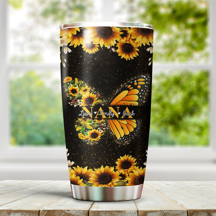 Personalized Tumbler Gifts For Grandma Sunflower Butterflies Monogram Custom Grandkids Name Travel Cup For Christmas