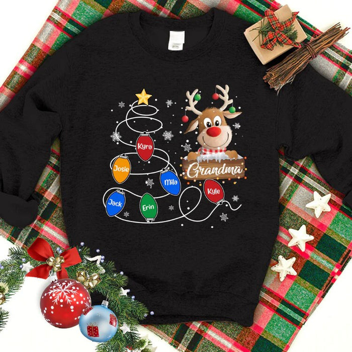 Personalized Sweatshirt For Grandma From Grandkids Reindeer Snowflakes Lights Snow Custom Name Shirt Gifts For Christmas