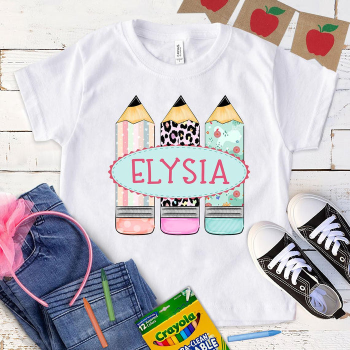 Personalized T-Shirt For Kid Color Leopard Rainbow Pencil Printed Custom Name Back To School Outfit For Girl Boy