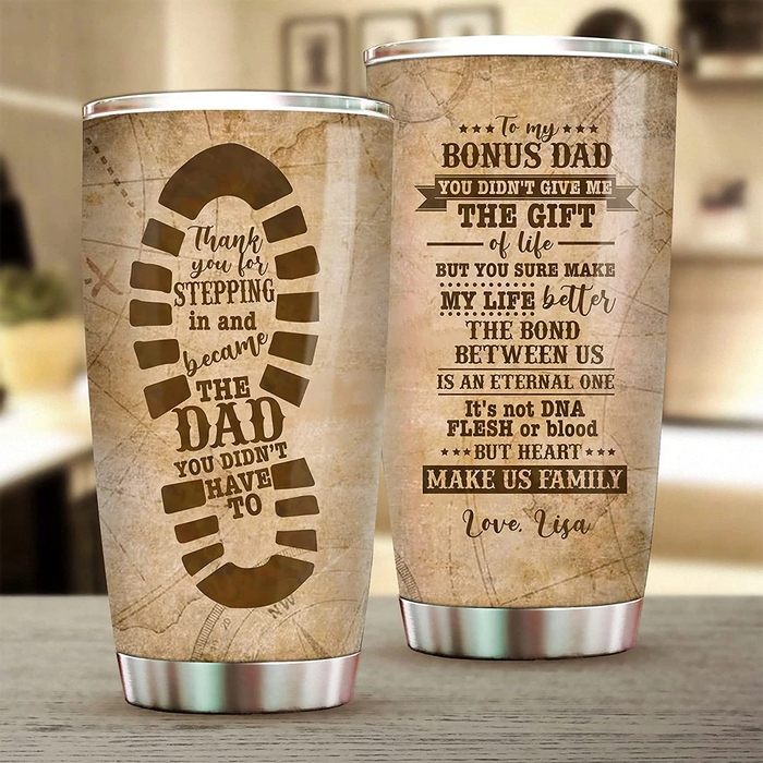 Personalized Tumbler Gifts For Bonus Dad Thank You For Stepping In Footprint Custom Name Travel Cup For Christmas