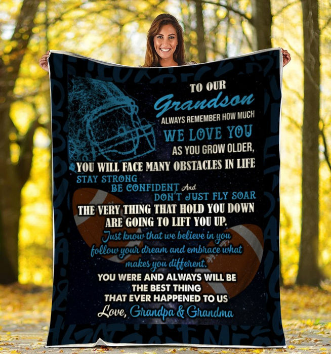Personalized US Football Fleece Blanket To Our Grandson Sports Lovers Football & Helmet Print Custom Name Blankets