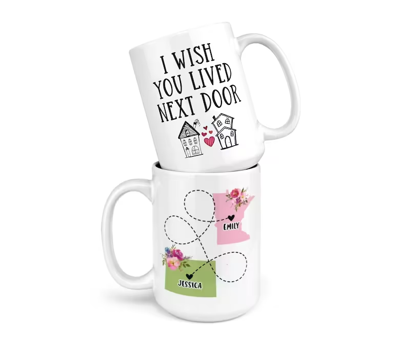 Personalized Ceramic Coffee Mug For Bestie BFF I Wish You Lived Next Door Funny House Print Custom Name 11 15oz Cup