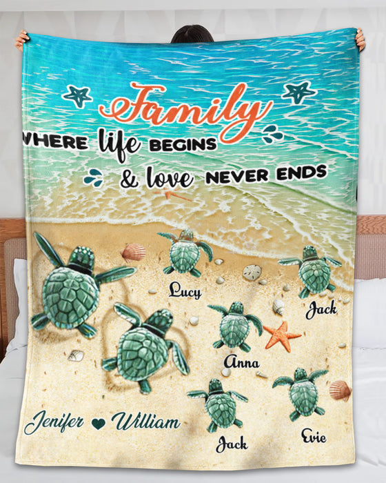 Personalized Family Blanket Turtle And Summer Beach Design Starfish Printed Custom Family Member'S Name