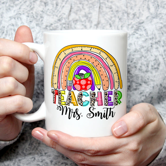 Personalized Back To School Mug Colorful Rainbow Pencil Print Custom Name & Grade Level 11 15oz Ceramic Coffee Cup