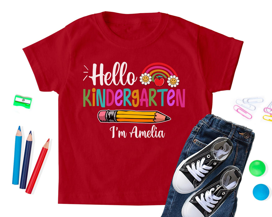Personalized T-Shirt For Kids Hello Kindergarten Flower Rainbow Pencil Custom Name & Grade Shirt Back To School Outfit