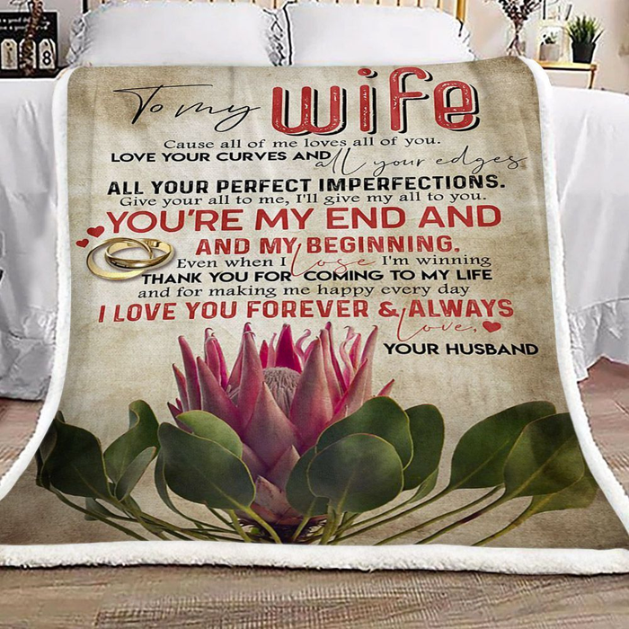 Personalized Vintage Blanket To My Wife You'Re My End My Beginning Print King Protea Custom Name Valentine Blankets