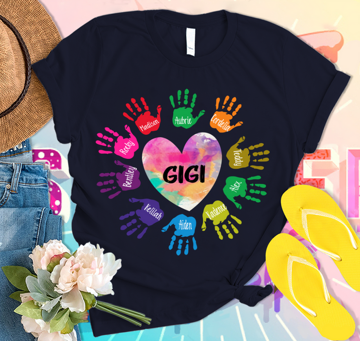 Personalized T-Shirt For Grandma Gigi Heart & Colorful Handprints Printed Custom Grandkids Name Mother'S Day Shirt