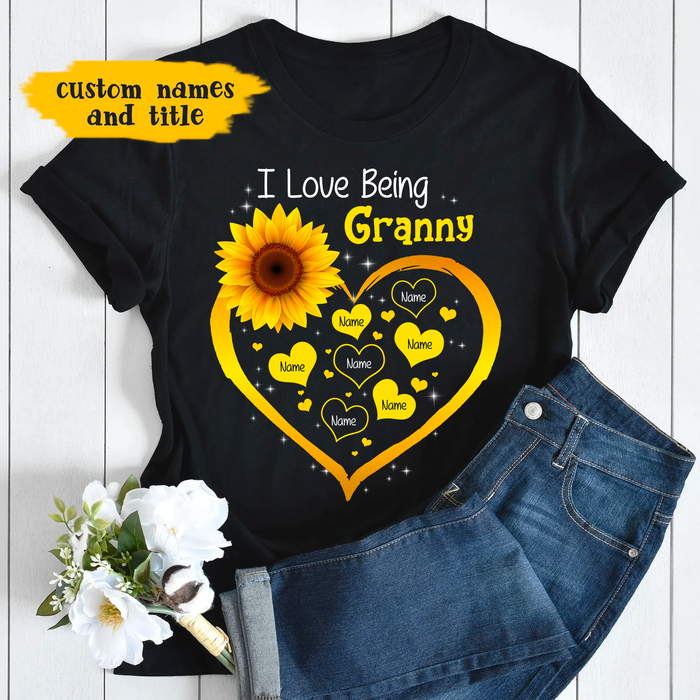 Personalized T-Shirt For Grandma I Love Being Granny With Sunflower Heart Printed Custom Grandkids Name