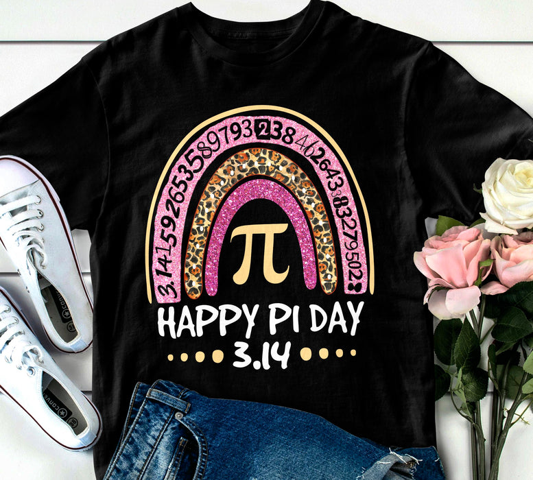 Classic Unisex T-Shirt For Men Women Happy Pi Day 3.14 Mathematic Teacher Shirt Leopard Pi Rainbow Printed