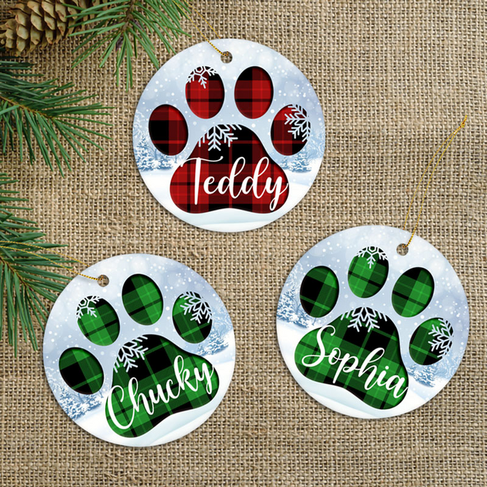 Personalized Ceramic Ornament For Dog Lovers Cute Paw Prints & Snowflake Printed Plaid Design Custom Dog's Name
