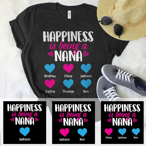 Personalized T-Shirt For Grandma Happiness Is Being A Nana Colorful Heart Printed Custom Grandkids Name