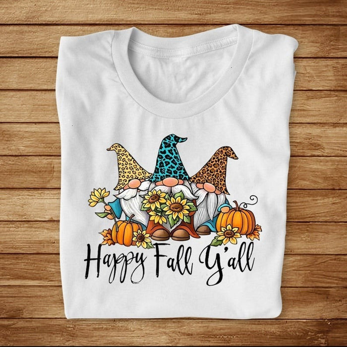 Classic T-Shirt For Women Happy Fall Y'all Cute Gnome With Pumpkin & Sunflower Printed Leopard Design Fall Shirt