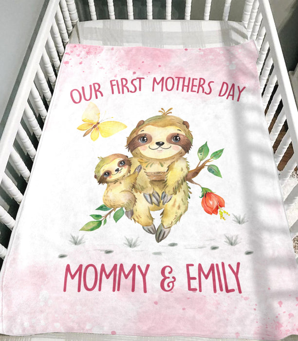 Personalized Premium Pink Blanket For New Mom Our First Mother'S Day Mommy & Daughter Cute Sloth & Butterfly Custom Name
