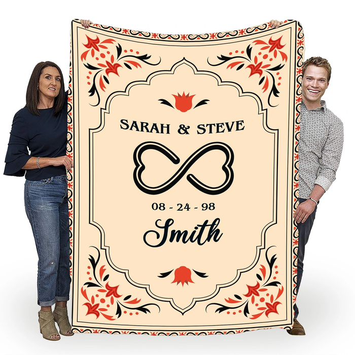 Personalized Infinity Blanket For Couple On Valentines Vintage Pattern Blanket Custom Name & Date