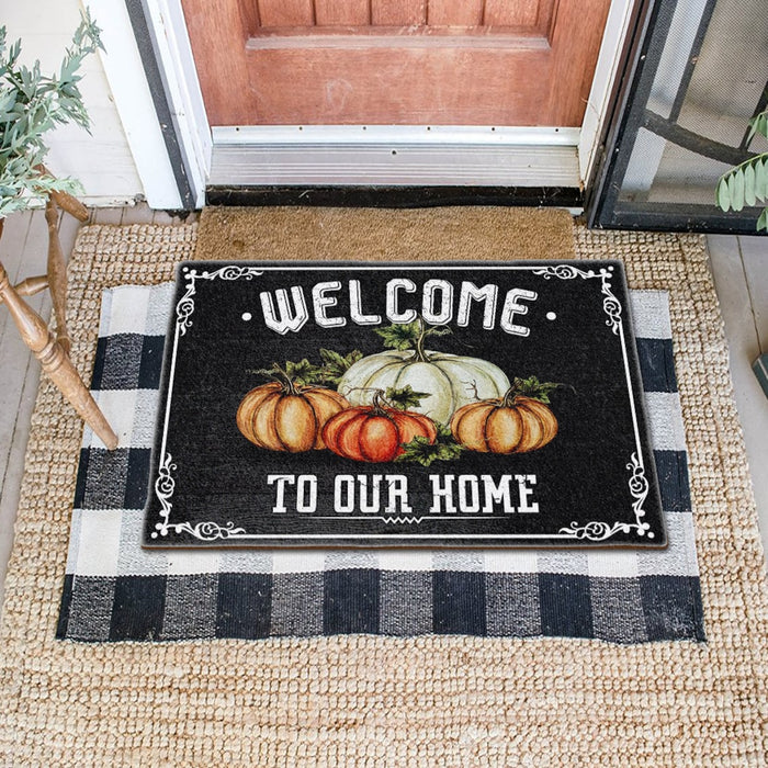 Vintage Pumpkin Doormat Welcome To Our Home Pumpkins Printed With Frame Pattern Black Background Fall Doormat