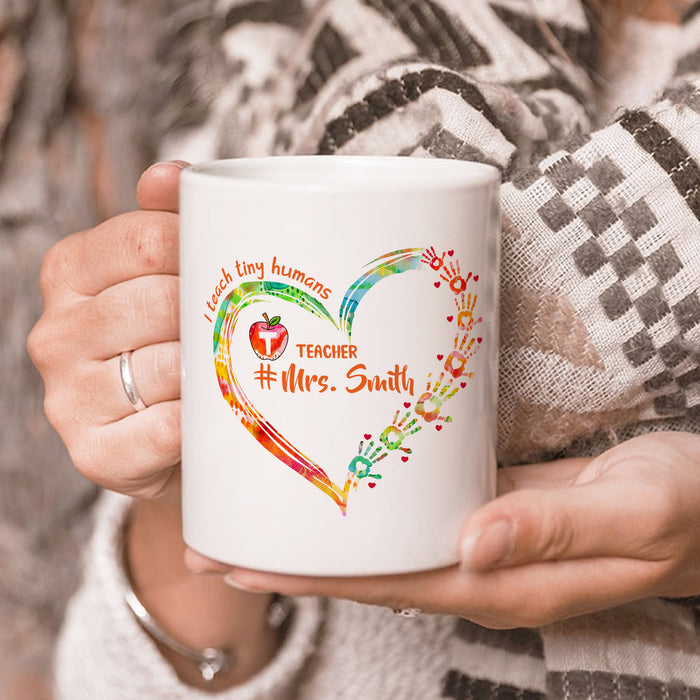 Personalized Ceramic Coffee Mug For Teachers Colorful Heart & Handprint Design Custom Name 11 15oz Back To School Cup