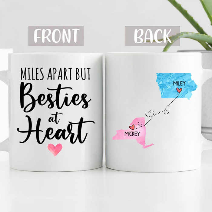 Personalized Coffee Mug For Friends Sisters Miles Apart Bestie At Heart Quotes Custom Name White Cup Long Distance Gifts