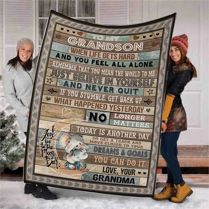 Personalized To My Grandson Fleece Blanket From Grandma Remember That You Mean The World To Me With Design Elephants