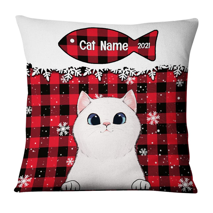 Personalized Square Pillow Gifts For Cat Owners Red Plaid Snowflakes Cute Cat Custom Name Sofa Cushion For Christmas