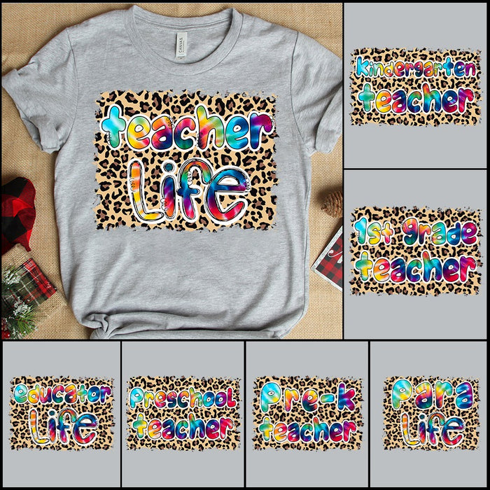 Personalized T-Shirt Teacher Life Leopard Design Tie Dye Words Colorful Style Back To School Outfit