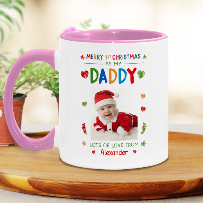 Personalized Coffee Mug Gifts For New Dad Colorful Footprints Hearts Merry 1st Christmas Custom Name Photo Accent Cup