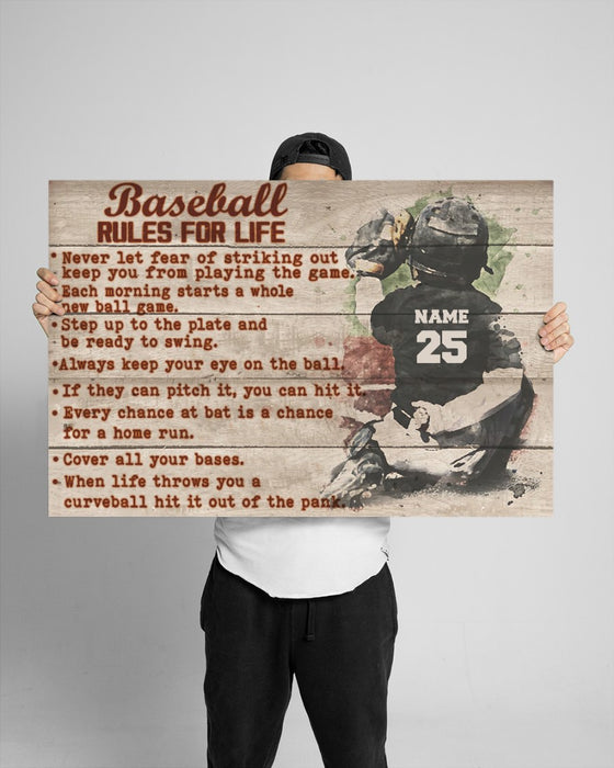 Personalized Canvas Wall Art For Baseball Lovers Baseball Rules For Life Watercolor Player Custom Name Poster Prints