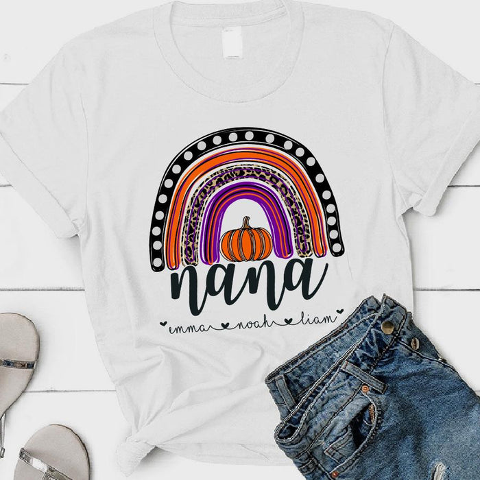 Personalized T-Shirt For Grandma Pumpkin And Rainbow Printed Custom Grandkids Name Fall Shirts