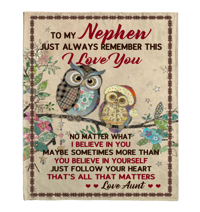 Personalized To My Nephew Owl Patch Fleece Sherpa Blanket From Aunt Just Always Remember This I Love You Custom Name