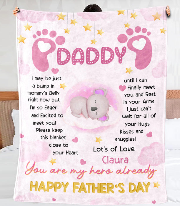 Personalized Fleece Sherpa Blanket From Baby Girl To New Dad Cute Sleeping Koala I Just Can't Wait For First Fathers Day