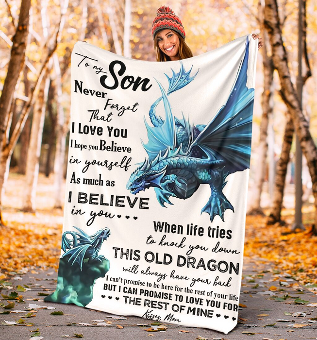 Personalized Blue Dragon Sherpa Fleece Blanket To My Son From Mom This Old Dragon Will Always Have Your Back Custom Name
