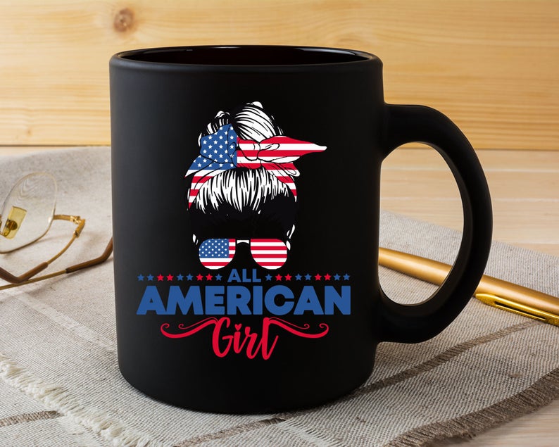 Personalized Coffee Mug For Her All American Girl Women Glasses US Flag Mug 11Oz 15Oz Ceramic Mug