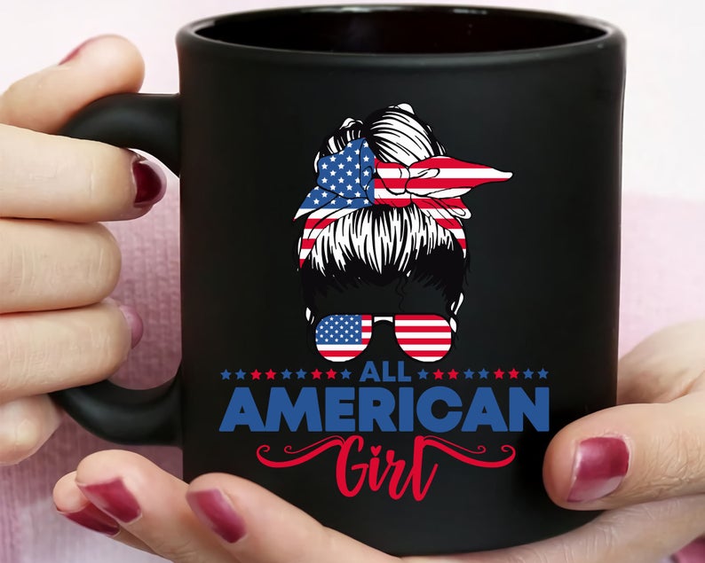 Personalized Coffee Mug For Her All American Girl Women Glasses US Flag Mug 11Oz 15Oz Ceramic Mug