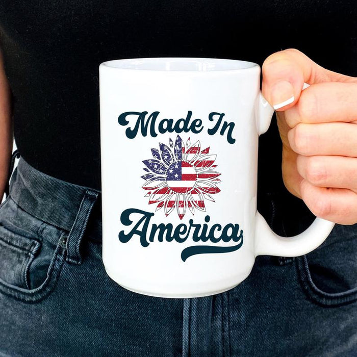 Patriotic Mug Made In America Mug Vintage Sun FLower US Flag Art Printed Mug For Fourth Of July 11Oz 15Oz Ceramic Mug