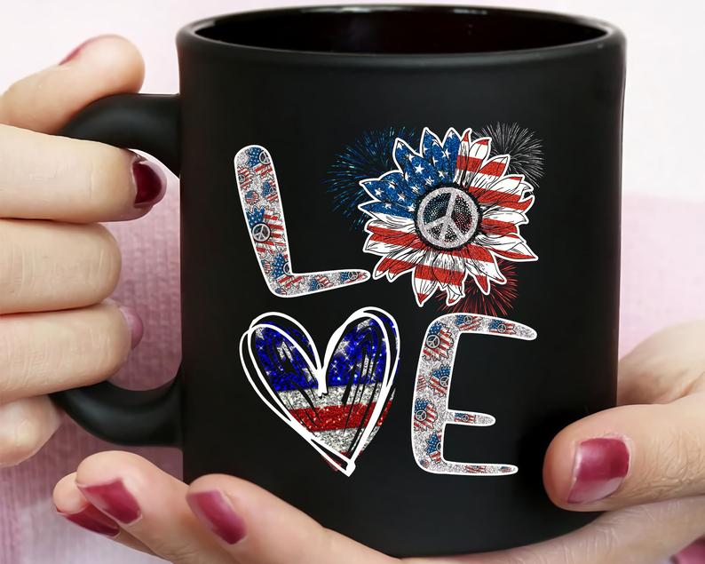 Love Sunflower Art Printed Mug Hippie Coffee Mug Gift For Independence Day 11Oz 15Oz Ceramic Mug