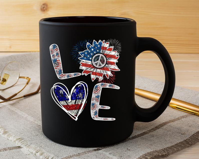 Love Sunflower Art Printed Mug Hippie Coffee Mug Gift For Independence Day 11Oz 15Oz Ceramic Mug