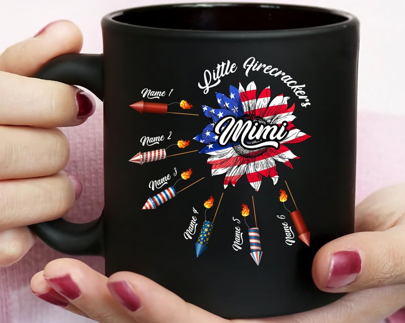 Personalized Coffee Mug For Grandma Mimi Sunflower US Flag Art Printed Mug Custom Grandkids Name 11Oz 15Oz Ceramic Mug