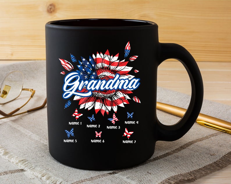 Personalized Coffee Mug For Grandma Sunflower US Flag Art Printed Mug Custom Grandkids Name 11Oz 15Oz Ceramic Mug