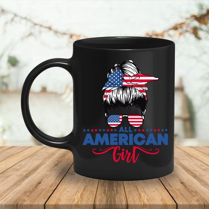 Personalized Coffee Mug For Her All American Girl Women Glasses US Flag Mug 11Oz 15Oz Ceramic Mug